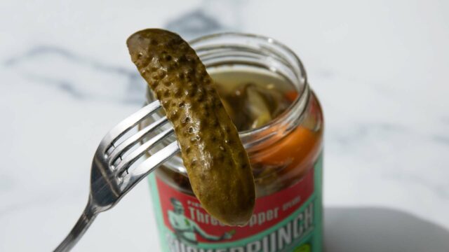 Photo of a Gherkin on a fork