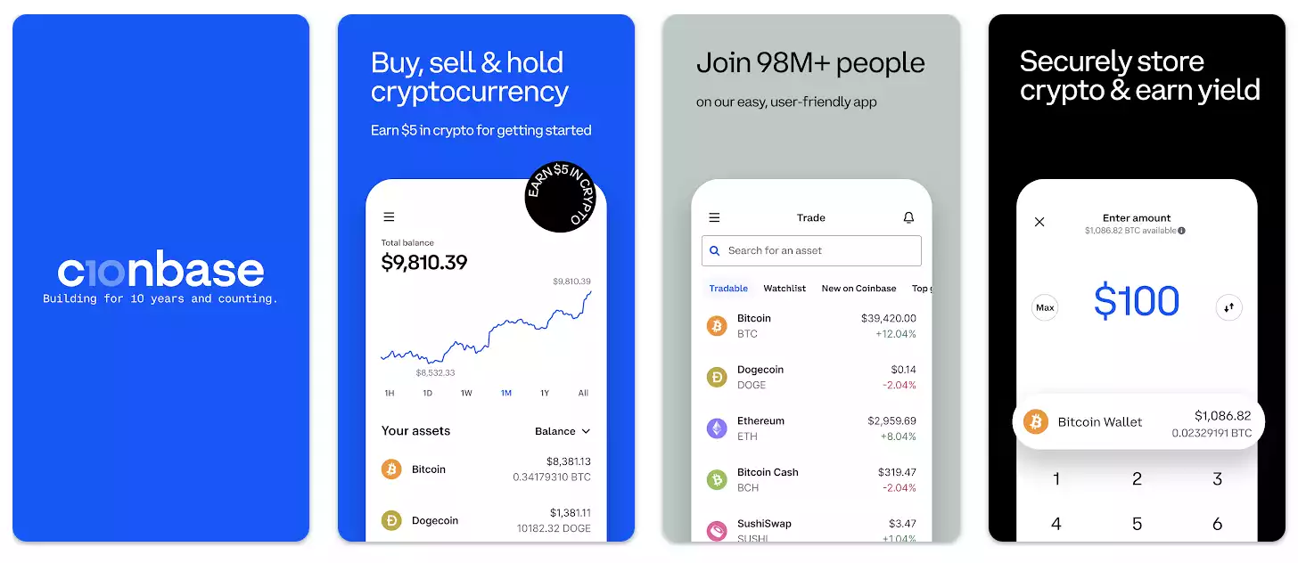 Coinbase app screens